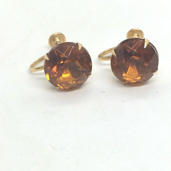 3/$30 VINTAGE AMBER COLOR GLASS SCREWBACK EARRINGS GOLD TONE CLIP RHINESTONE - Picture 14 of 16